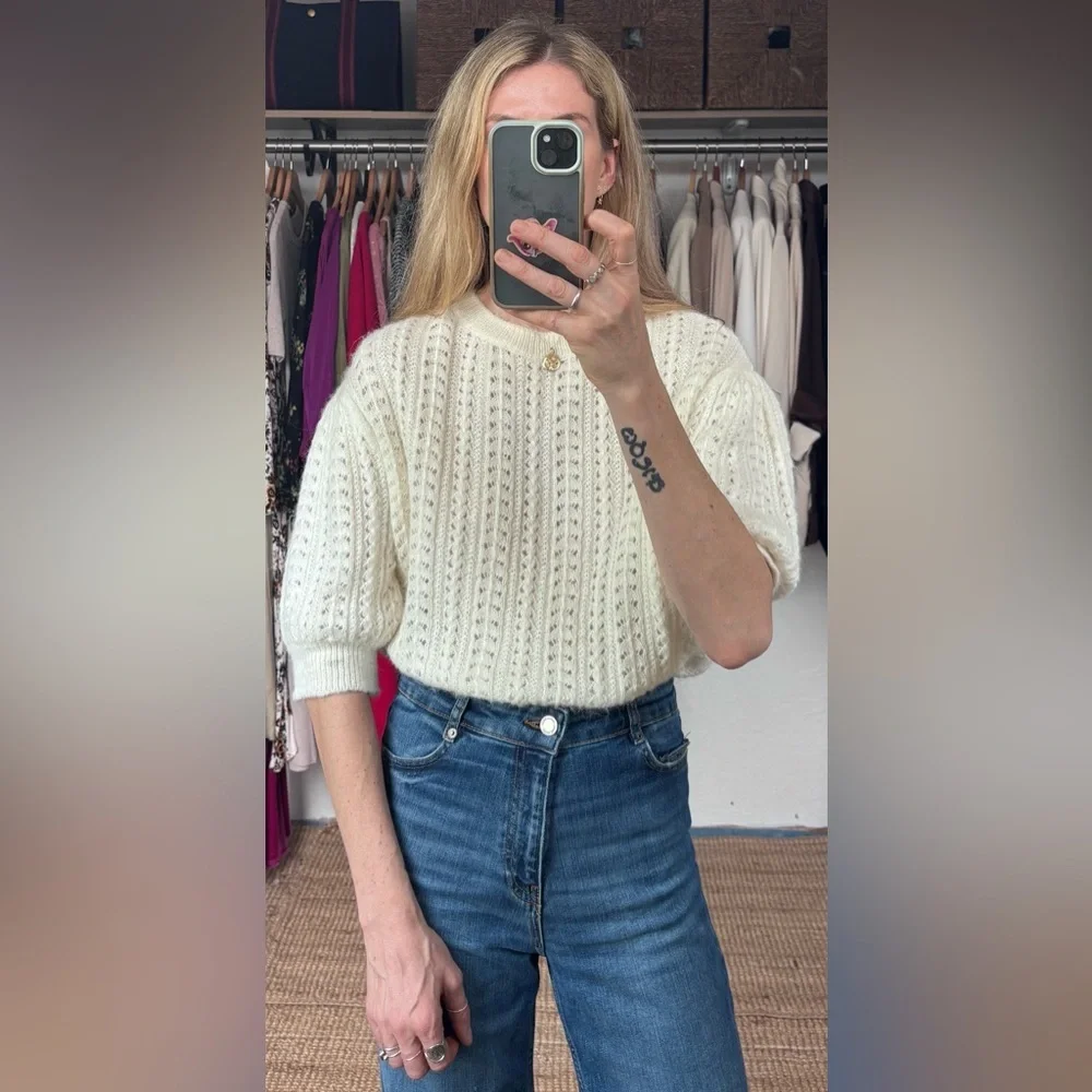 OAK + FORT Textured Cream Knit Woven Puff Sleeve Boho Oversized Sweater Top - Picture 3 of 9